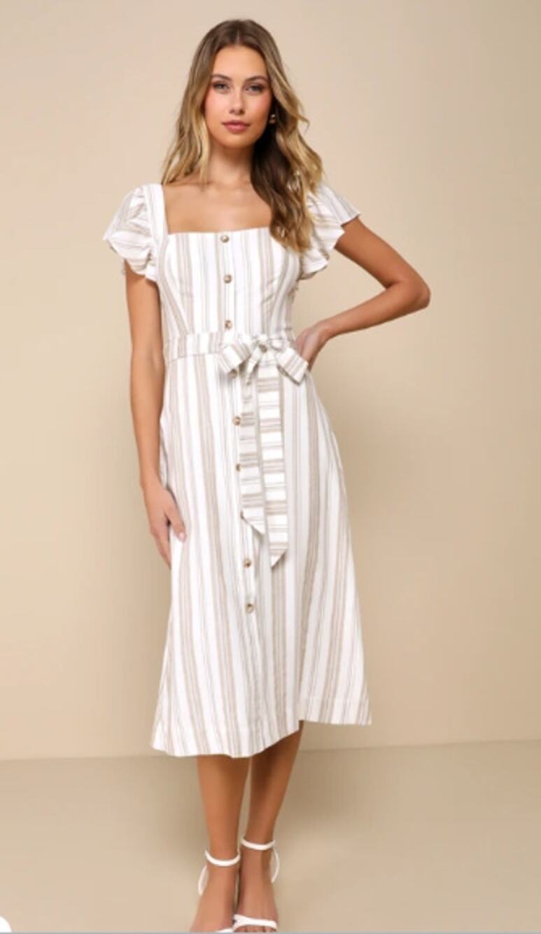 Lulus Mediterranean Moves White Striped Flutter Sleeve Midi Dress Women's L NWOT